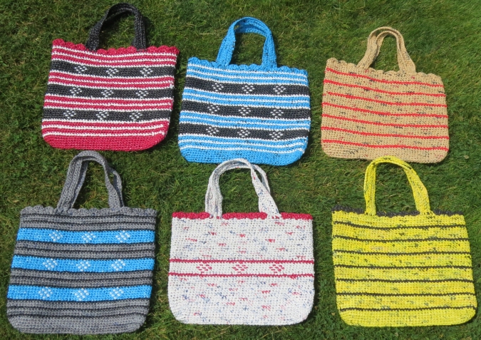 At least 420 plastic grocery bags went into this lot of six all-purpose tote bags crocheted by Arlette Sherwood.