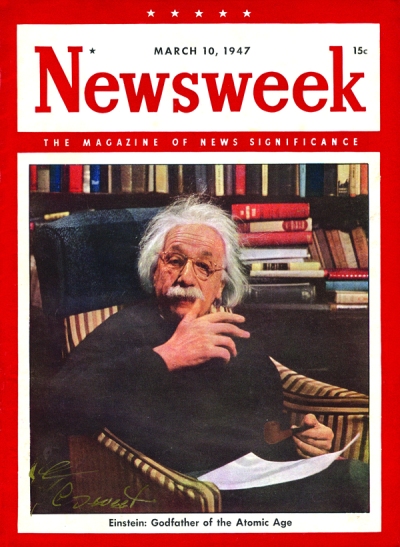 March 10, 1947 cover of Newsweek: Albert Einstein, by Ozzie Sweet. (Note O.C. Sweet autograph in lower-left corner; Ozzie signed this vintage copy in 2013.) 